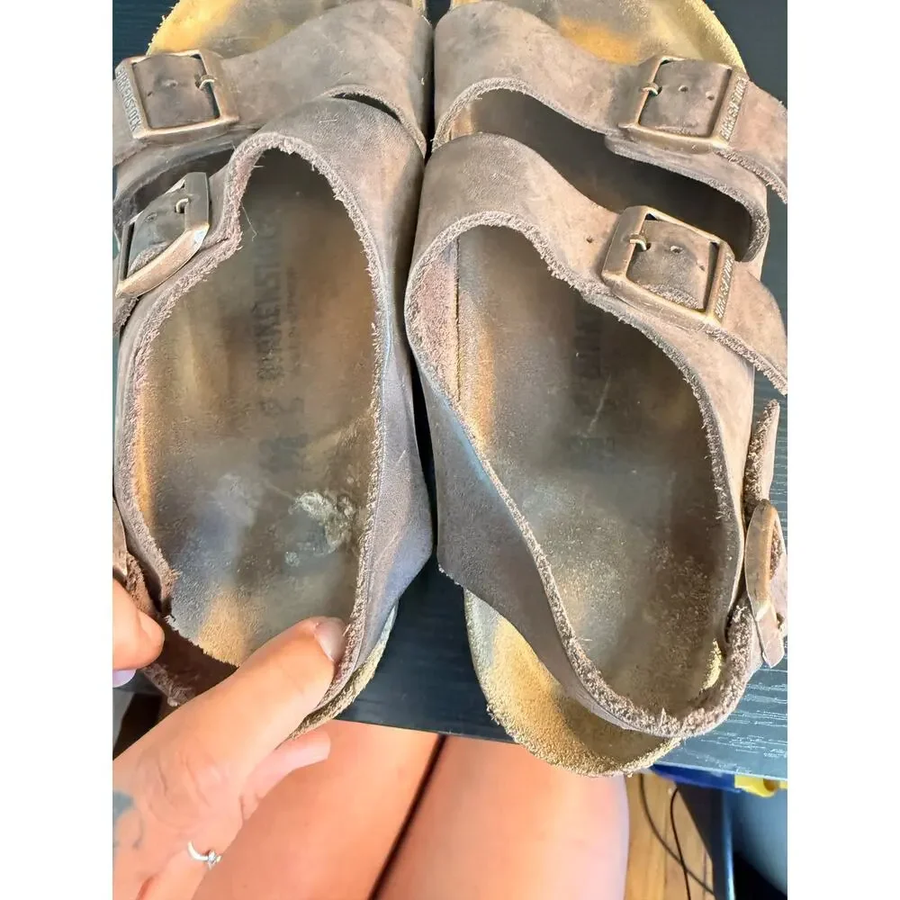 Birkenstock Milano Brown Oiled Leather Sandals EU 42 Double Strap Buckle Comfort